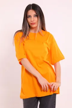 Kadın Bisiklet Yaka Oversize T-shirt Orange