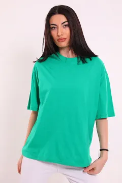 Kadın Bisiklet Yaka Sırt Gül Baskılı Oversize T-shirt Yeşil