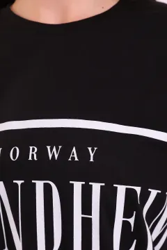 Kadın Bisiklet Yaka Trondheim Baskılı Oversize T-shirt Siyah