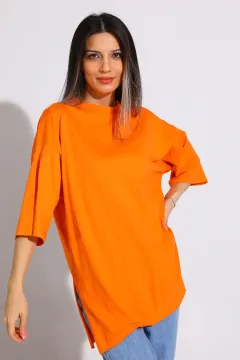Kadın Bisiklet Yaka Yan Yırtmaç Detaylı Salaş T-shirt Orange