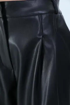Kadın Bol Paça Deri Pantolon Siyah