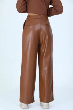 Kadın Bol Paça Deri Pantolon Taba