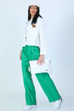 Kadın Bol Paça Deri Pantolon Yeşil