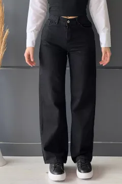 Kadın Bol Paça Yüksek Bel Jean Kot Pantolon Siyah