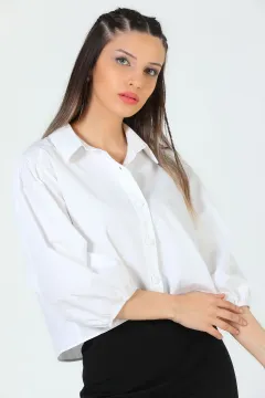 Kadın Bolon Kol Crop Gömlek Beyaz