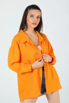 Kadın Boncuk İşlemeli Salaş Gömlek Orange
