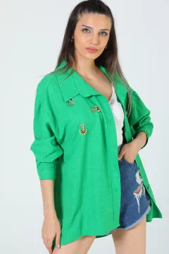 Kadın Boncuk İşlemeli Salaş Gömlek Yeşil