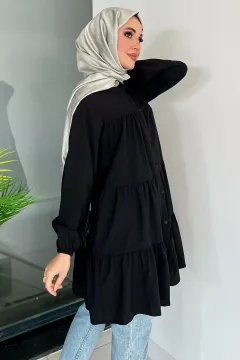 Kadın Boydan Düğmeli Katlı Tesettür Tunik Siyah