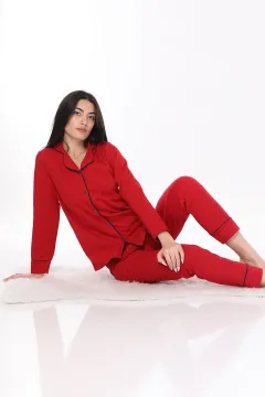 Kadın Boydan Düğmeli Pijama Takımı Bordo