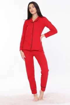 Kadın Boydan Düğmeli Pijama Takımı Kırmızı
