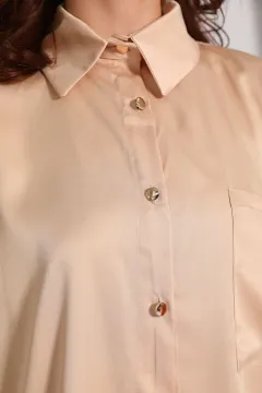Kadın Cep Detaylı Saten Gömlek Bej
