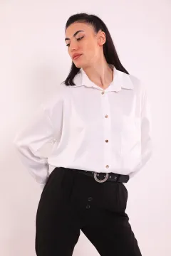 Kadın Cep Detaylı Saten Gömlek Beyaz