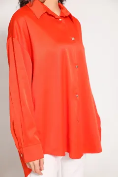 Kadın Cep Detaylı Saten Gömlek Orange