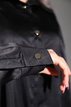 Kadın Cep Detaylı Saten Gömlek Siyah