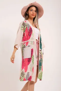 Kadın Cepli Desenli Kimono Yeşil