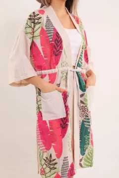 Kadın Cepli Desenli Kimono Yeşil