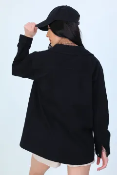 Kadın Cepli Gabardin Gömlek Ceket Siyah