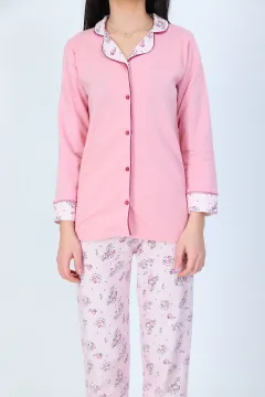 Kadın Çiçek Desenli Ribanalı Pijama Takımı Pudra