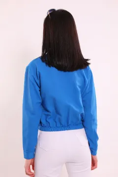 Kadın Çift Cepli Bel Büzgü Detaylı Mevsimlik Keten Gömlek Ceket Mavi