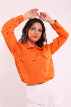 Kadın Çift Cepli Bel Büzgü Detaylı Mevsimlik Keten Gömlek Ceket Orange
