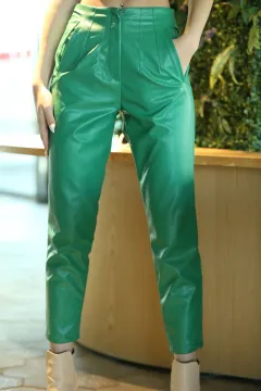 Kadın Çift Cepli Deri Pantolon Yeşil