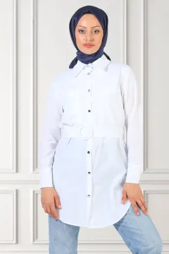Kadın Çift Cepli Kemerli Tesettür Gömlek Tunik Beyaz