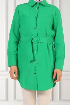 Kadın Çift Cepli Kemerli Tesettür Gömlek Tunik Yeşil
