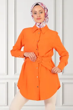Kadın Çift Cepli Kemerli Tesettür Gömlek Tunik Orange