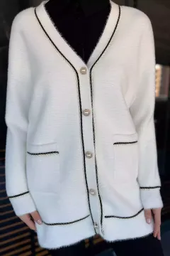 Kadın Çift Cepli Ön Düğmeli Sakallı Tesettür Hırka Beyaz