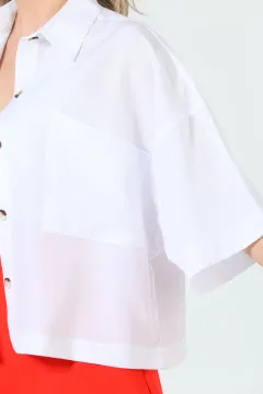 Kadın Çift Cepli Oversize Crop Gömlek Beyaz