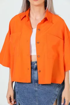 Kadın Çift Cepli Oversize Crop Gömlek Orange