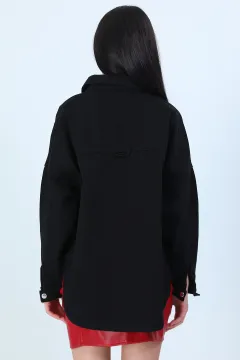 Kadın Çift Cepli Owersize Kot Ceket Siyah