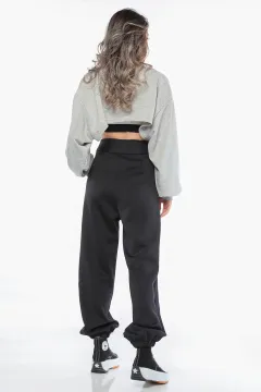 Kadın Cırtcırtlı Paça Lastikli Kumaş Pantolon Siyah