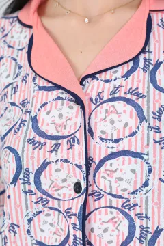 Kadın Çizgi Detaylı Ribanalı Pijama Takımı Somon