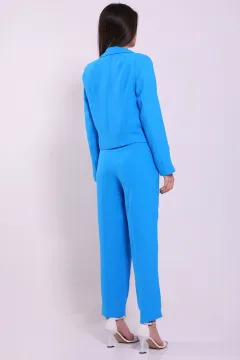 Kadın Crop Ceket Pantolonlu İkili Takım Mavi
