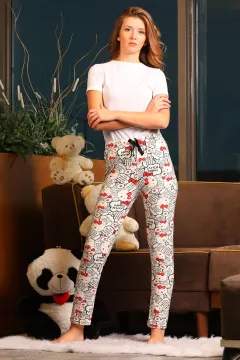 Kadın Desenli Alt Pijama Kremkırmızı