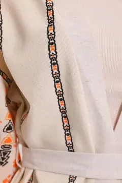 Kadın Desenli Keten Kimono İkili Takım Kremorange