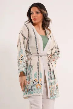 Kadın Desenli Keten Kimono İkili Takım Kremmint