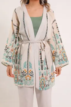 Kadın Desenli Keten Kimono İkili Takım Kremmint