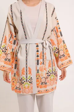 Kadın Desenli Keten Kimono İkili Takım Kremorange
