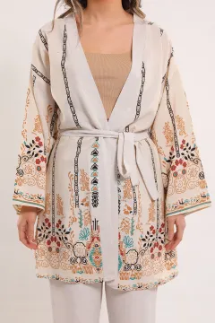 Kadın Desenli Keten Kimono İkili Takım Kremkahve