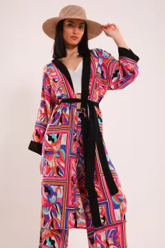Kadın Desenli Kimono İkili Takım Siyah