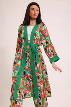 Kadın Desenli Kimono İkili Takım Yeşil
