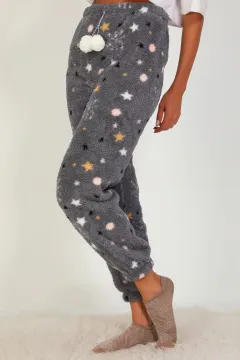 Kadın Desenli Paça Lastikli Peluş Alt Pijama Antrasit