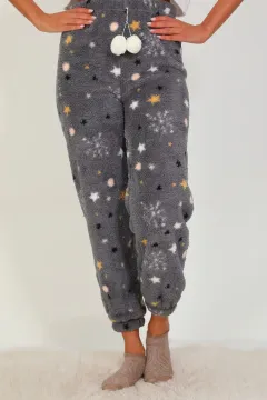 Kadın Desenli Paça Lastikli Peluş Alt Pijama Antrasit