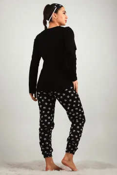 Kadın Desenli Pijama Takımı Siyah