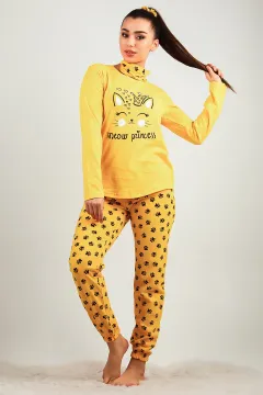 Kadın Desenli Pijama Takımı Sarı