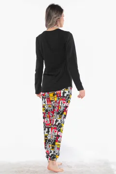 Kadın Desenli Pijama Takımı Siyah