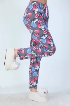 Kadın Desenli Polar Alt Pijama Koyugri