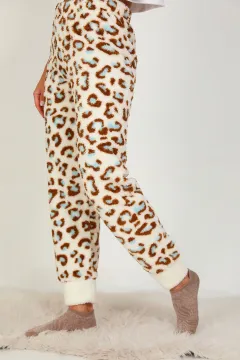 Kadın Desenli Ribanalı Peluş Alt Pijama Krem